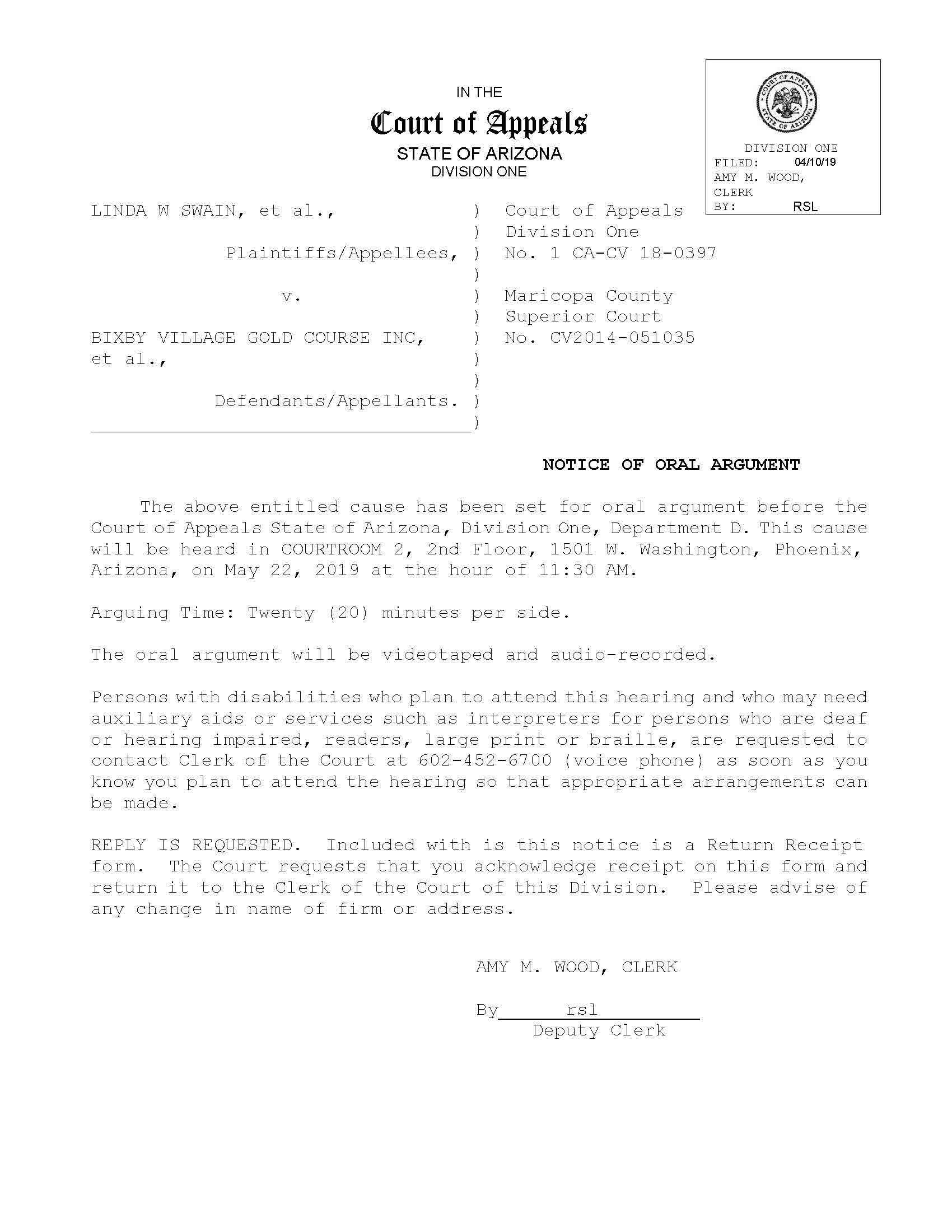 Oral Arguments In Appeal Set For May 22